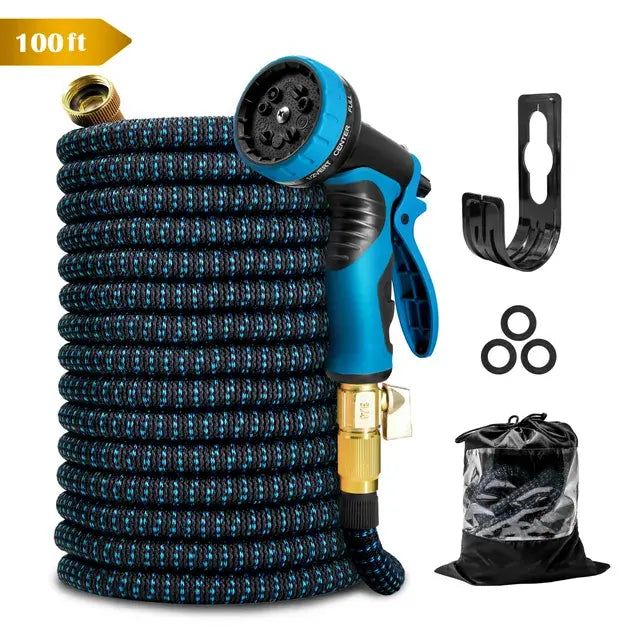 Expandable Garden Hose, Flexible Water Hose with 8‑Pattern Spray Nozzle, Brass Fittings, Hose Hanger, Storage Bag & Extra Rubber Washers, Lightweight No‑Kink Water Pipe for Yard Watering, Car Washing