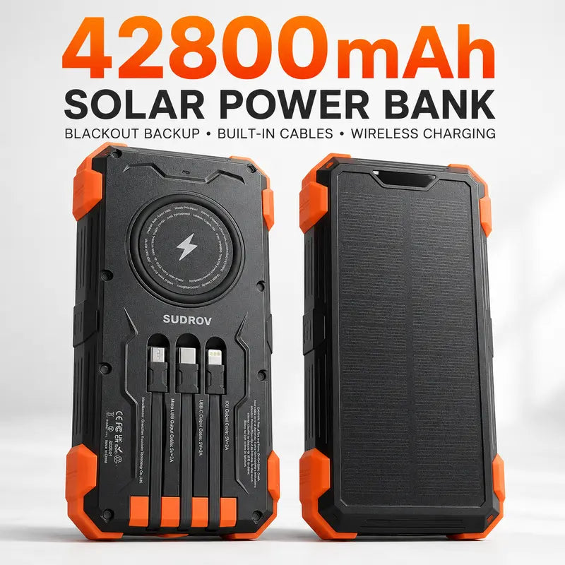 Sudrov 42800 mAh Solar Charger Power Bank Wireless Charger Built in 4 Cables 7 Outputs 15 Watts Fast Charging Power Bank for All Mobile Devices 3 Inputs Solar Portable Charger with Dual Flashlights, Carabiner and Thermometer tiktokshopbacktoschool, Rechar