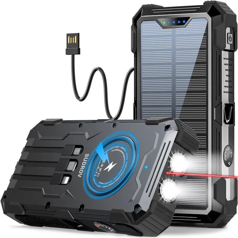 Sudrov 42800 mAh Solar Charger Power Bank Wireless Charger Built in 4 Cables 7 Outputs 15 Watts Fast Charging Power Bank for All Mobile Devices 3 Inputs Solar Portable Charger with Dual Flashlights, Carabiner and Thermometer tiktokshopbacktoschool, Rechar