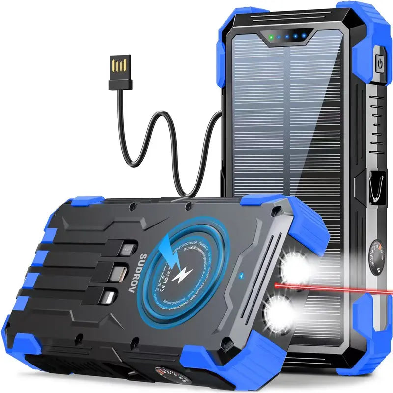 Sudrov 42800 mAh Solar Charger Power Bank Wireless Charger Built in 4 Cables 7 Outputs 15 Watts Fast Charging Power Bank for All Mobile Devices 3 Inputs Solar Portable Charger with Dual Flashlights, Carabiner and Thermometer tiktokshopbacktoschool, Rechar