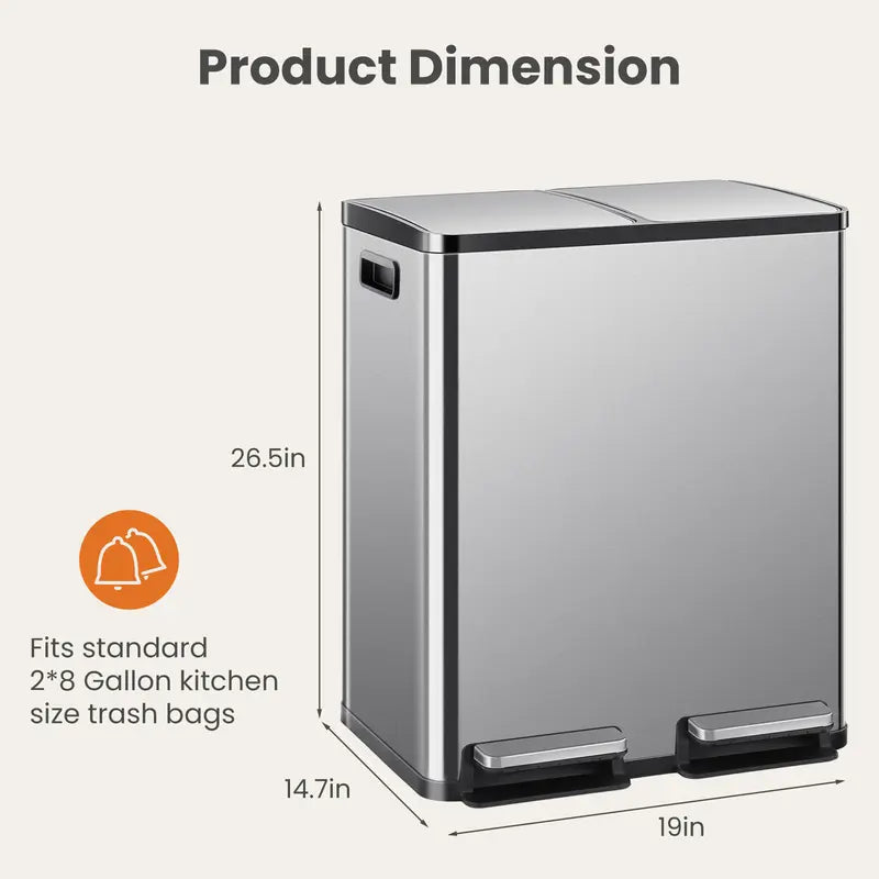 Sweetcrispy 16-Gal Stainless Steel Touchless Kitchen Trash Can - Dual Compartment, Fingerprint-Proof, Waterproof, Pedal-Opener Lid, Large-Capacity Waste & Recycling Bin for Home Decor-Fit Household Use, Touchless Trash Can