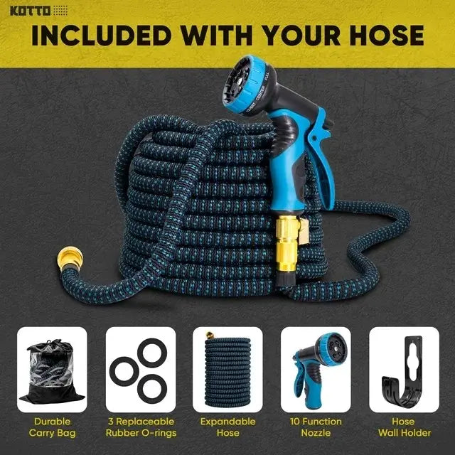 Expandable Garden Hose, Flexible Water Hose with 8‑Pattern Spray Nozzle, Brass Fittings, Hose Hanger, Storage Bag & Extra Rubber Washers, Lightweight No‑Kink Water Pipe for Yard Watering, Car Washing