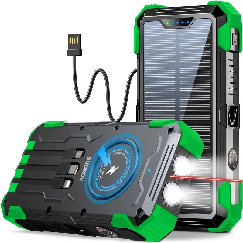 Sudrov 42800 mAh Solar Charger Power Bank Wireless Charger Built in 4 Cables 7 Outputs 15 Watts Fast Charging Power Bank for All Mobile Devices 3 Inputs Solar Portable Charger with Dual Flashlights, Carabiner and Thermometer tiktokshopbacktoschool, Rechar