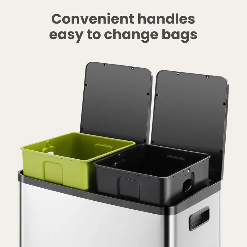 Sweetcrispy 16-Gal Stainless Steel Touchless Kitchen Trash Can - Dual Compartment, Fingerprint-Proof, Waterproof, Pedal-Opener Lid, Large-Capacity Waste & Recycling Bin for Home Decor-Fit Household Use, Touchless Trash Can