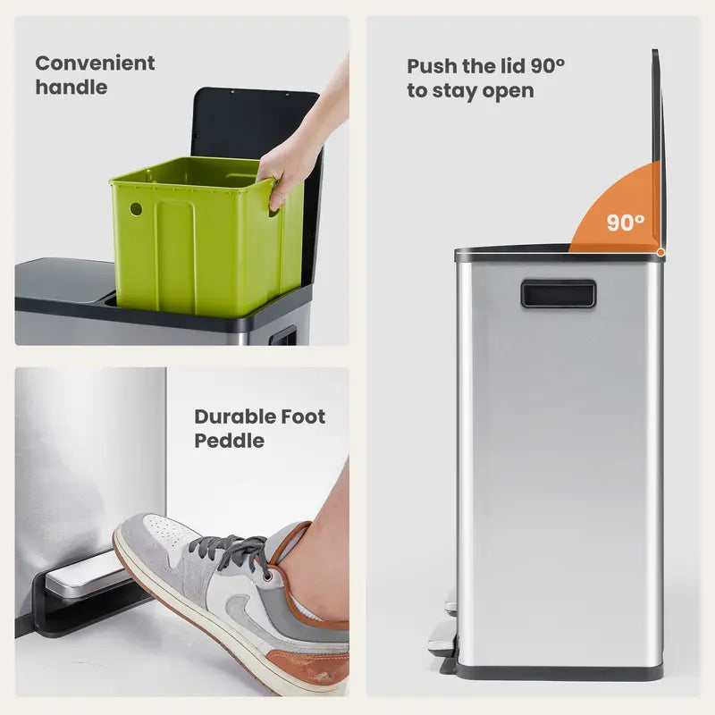 Sweetcrispy 16-Gal Stainless Steel Touchless Kitchen Trash Can - Dual Compartment, Fingerprint-Proof, Waterproof, Pedal-Opener Lid, Large-Capacity Waste & Recycling Bin for Home Decor-Fit Household Use, Touchless Trash Can