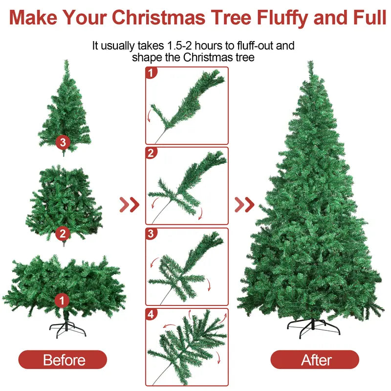 7ft / 8ft Artificial Christmas Tree, Unlit Hinged Xmas Full Tree with 1000 PVC Branch Tips, Foldable Metal Stand, Easy Assembly, Indoor Holiday Party Office Home Store Decor, Green