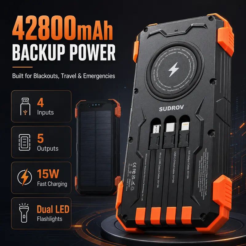 Sudrov 42800 mAh Solar Charger Power Bank Wireless Charger Built in 4 Cables 7 Outputs 15 Watts Fast Charging Power Bank for All Mobile Devices 3 Inputs Solar Portable Charger with Dual Flashlights, Carabiner and Thermometer tiktokshopbacktoschool, Rechar
