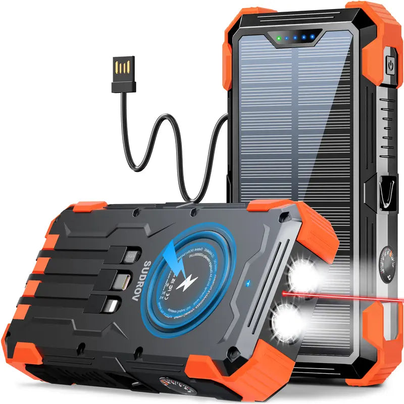 Sudrov 42800 mAh Solar Charger Power Bank Wireless Charger Built in 4 Cables 7 Outputs 15 Watts Fast Charging Power Bank for All Mobile Devices 3 Inputs Solar Portable Charger with Dual Flashlights, Carabiner and Thermometer tiktokshopbacktoschool, Rechar