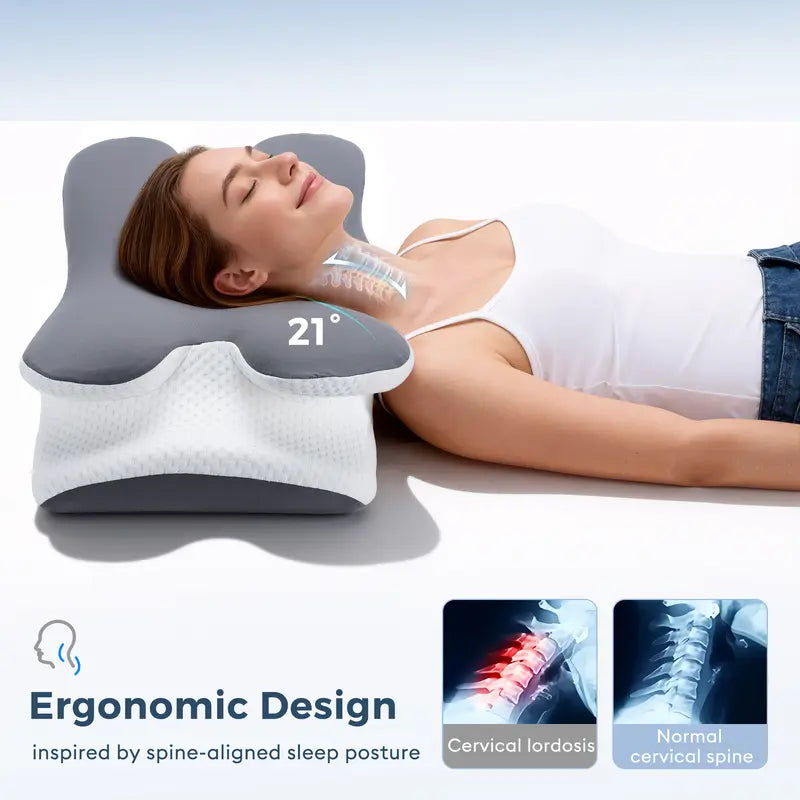 PIKTECH Ergonomic Memory Foam Pillow, 25°C Cooling Ice Silk Neck Support Pillow for Sleeping, Slow Rebound Zero Pressure Side/Back Sleepers, Removable & Washable, Adult Unisex.
