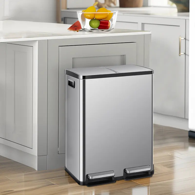 Sweetcrispy 16-Gal Stainless Steel Touchless Kitchen Trash Can - Dual Compartment, Fingerprint-Proof, Waterproof, Pedal-Opener Lid, Large-Capacity Waste & Recycling Bin for Home Decor-Fit Household Use, Touchless Trash Can