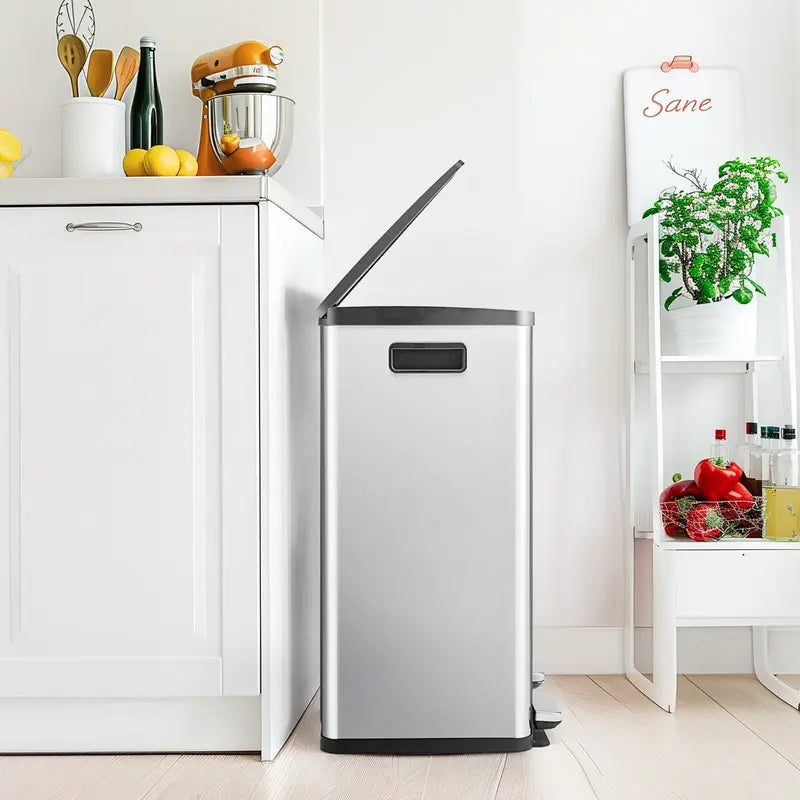 Sweetcrispy 16-Gal Stainless Steel Touchless Kitchen Trash Can - Dual Compartment, Fingerprint-Proof, Waterproof, Pedal-Opener Lid, Large-Capacity Waste & Recycling Bin for Home Decor-Fit Household Use, Touchless Trash Can