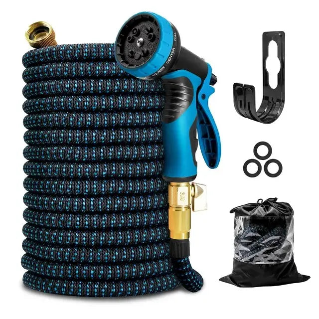 Expandable Garden Hose, Flexible Water Hose with 8‑Pattern Spray Nozzle, Brass Fittings, Hose Hanger, Storage Bag & Extra Rubber Washers, Lightweight No‑Kink Water Pipe for Yard Watering, Car Washing