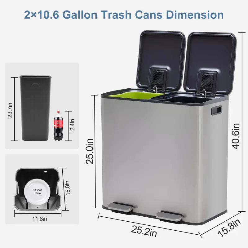 Sweetcrispy 16-Gal Stainless Steel Touchless Kitchen Trash Can - Dual Compartment, Fingerprint-Proof, Waterproof, Pedal-Opener Lid, Large-Capacity Waste & Recycling Bin for Home Decor-Fit Household Use, Touchless Trash Can
